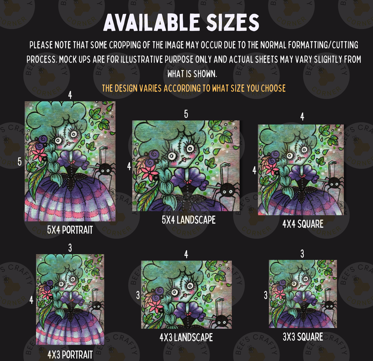 six different sizes of illustrations, including a portrait, landscape, square, and portrait, each featuring a unique design and style.