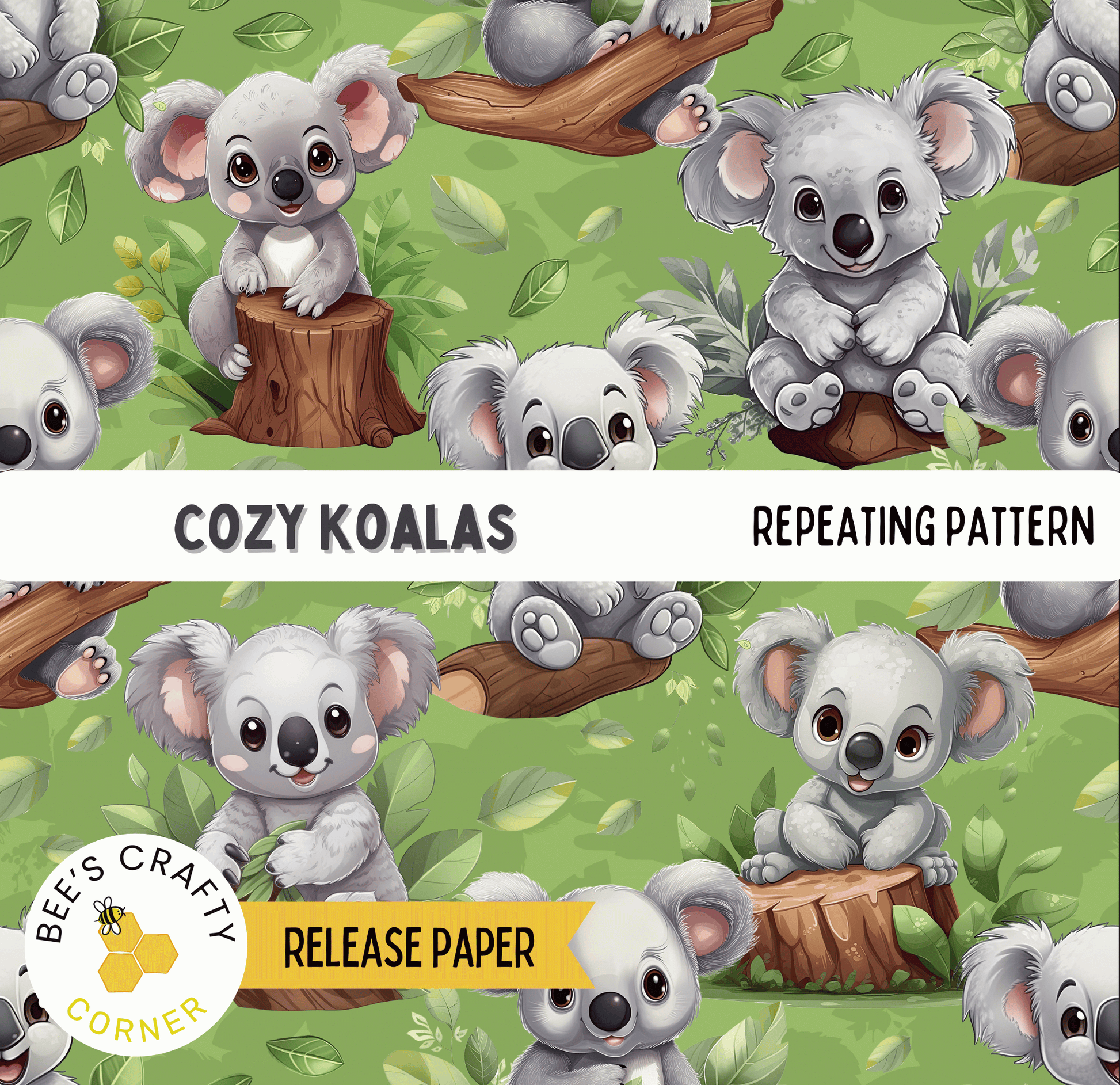 The image is a repeating pattern of cartoon koalas sitting on tree stumps and branches, surrounded by green leaves.