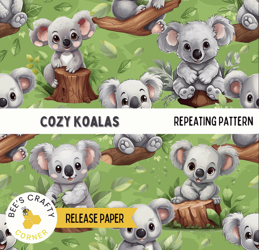 The image is a repeating pattern of cartoon koalas sitting on tree stumps and branches, surrounded by green leaves.