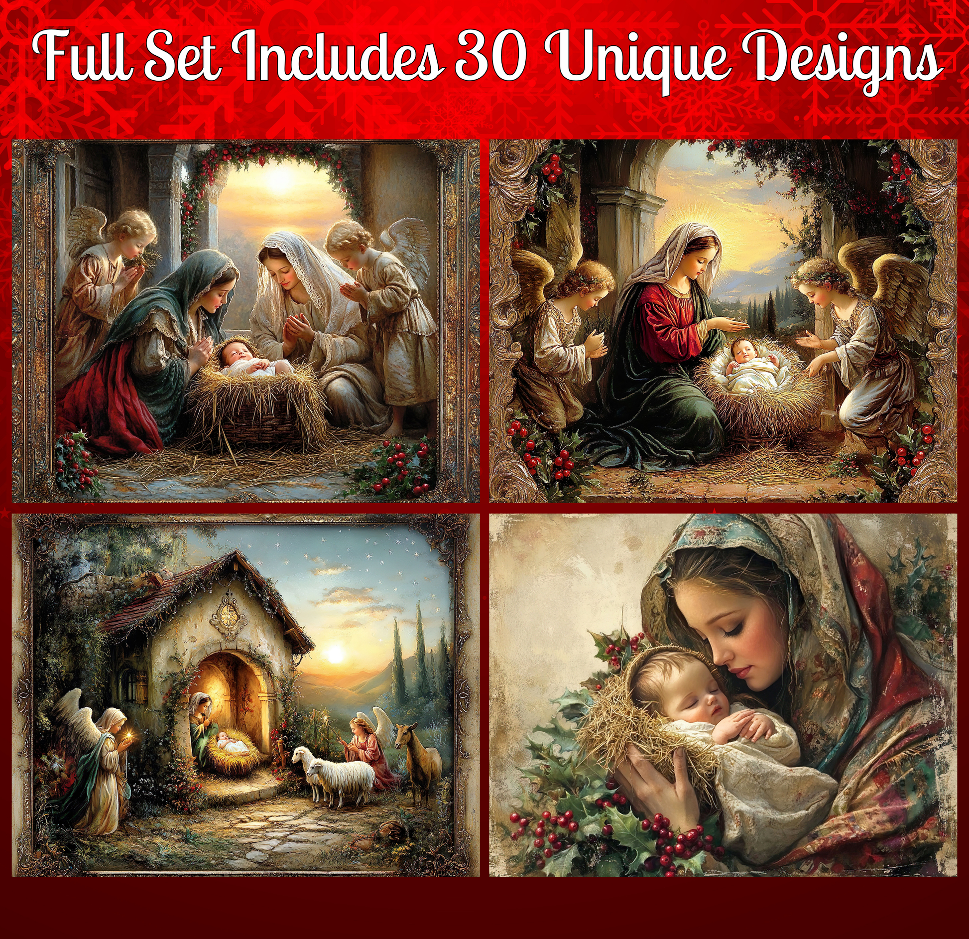 The image is a collage of four distinct scenes from the nativity story, featuring the birth of Jesus Christ.