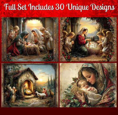 The image is a collage of four distinct scenes from the nativity story, featuring the birth of Jesus Christ.