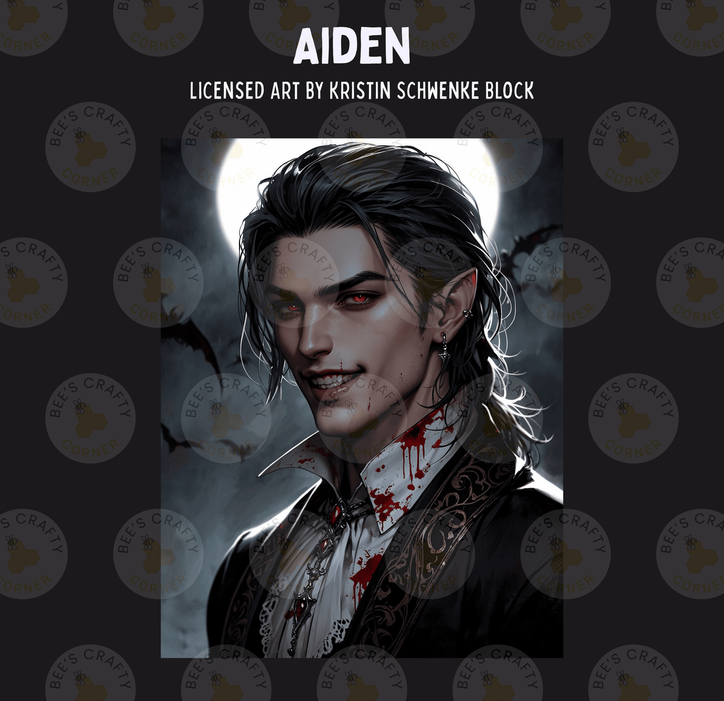 The image is a digital illustration featuring a close-up portrait of a man with long hair and a serious expression, wearing a dark outfit with red accents.