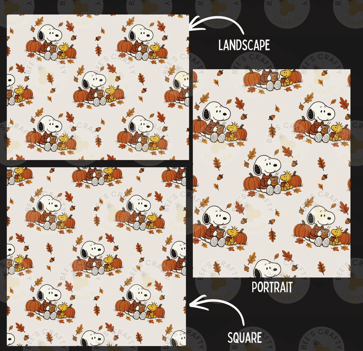 a repeating pattern of cartoon characters, including Snoopy and Peanuts, sitting on pumpkins and surrounded by autumn leaves. The pattern is divided into three sections, each with a different style of depiction: landscape, portrait, and square.