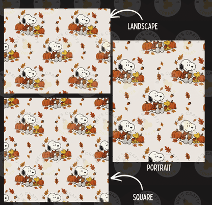 a repeating pattern of cartoon characters, including Snoopy and Peanuts, sitting on pumpkins and surrounded by autumn leaves. The pattern is divided into three sections, each with a different style of depiction: landscape, portrait, and square.