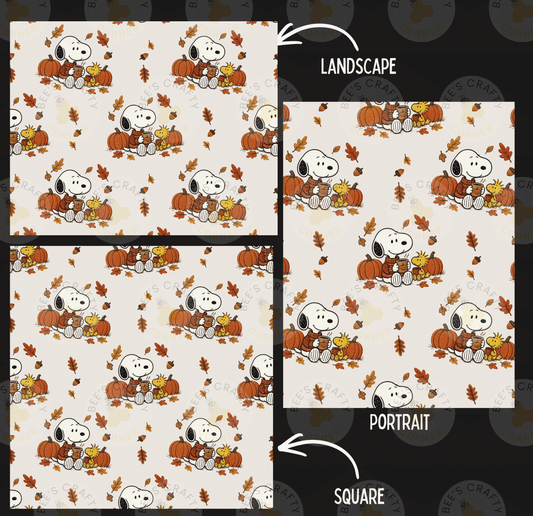 a repeating pattern of cartoon characters, including Snoopy and Peanuts, sitting on pumpkins and surrounded by autumn leaves. The pattern is divided into three sections, each with a different style of depiction: landscape, portrait, and square.