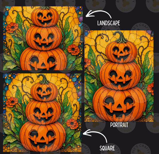 The image is a collage of four images depicting a Halloween scene with three stacked pumpkins and a landscape background.