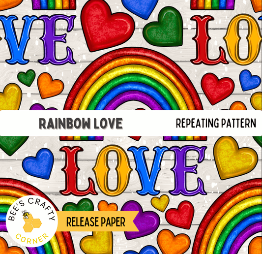 The image is a repeating pattern of the word "LOVE" in various colors and sizes, along with rainbow-colored hearts and rainbows.