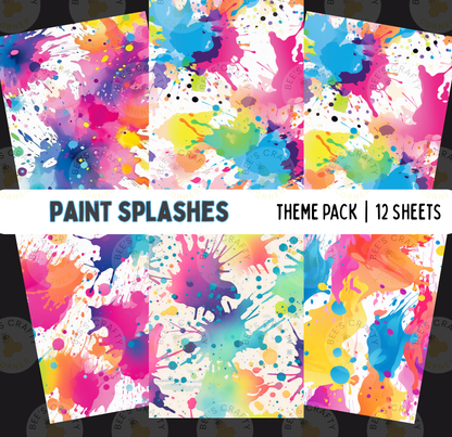 a collage of 12 colorful paint splatter designs, each with a unique pattern and color scheme. The text "Paint Splashes" is prominently displayed, indicating the theme of the image.
