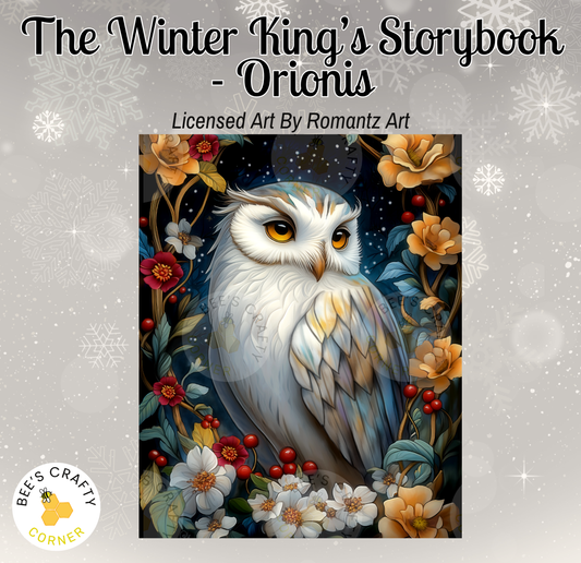The image is a vibrant and detailed illustration of a white owl surrounded by a lush floral arrangement, with the owl's eyes and beak prominently featured. The background is a dark blue color, creating a striking contrast with the white owl and the colorful flowers. The image is a collage of multiple images, and the text "The Winter King's Storybook - Orionis" is displayed above the image.