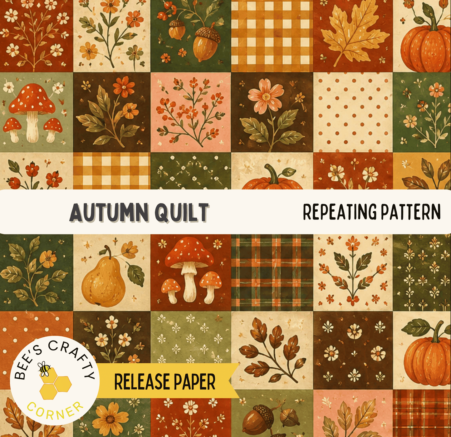 The image is a collage of various autumn-themed images, including flowers, leaves, mushrooms, pumpkins, and other seasonal elements. The collage is titled "Autumn Quilt" and includes a repeating pattern of these images, suggesting it is a quilt pattern.