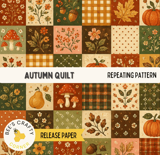 The image is a collage of various autumn-themed images, including flowers, leaves, mushrooms, pumpkins, and other seasonal elements. The collage is titled "Autumn Quilt" and includes a repeating pattern of these images, suggesting it is a quilt pattern.
