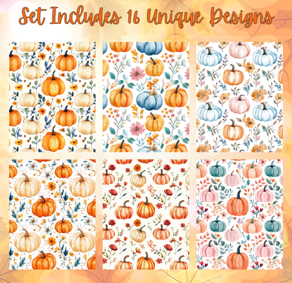 a set of six unique pumpkin designs, each with a different pattern and color scheme. The designs include various arrangements of pumpkins, flowers, and leaves, creating a visually appealing and autumnal theme.