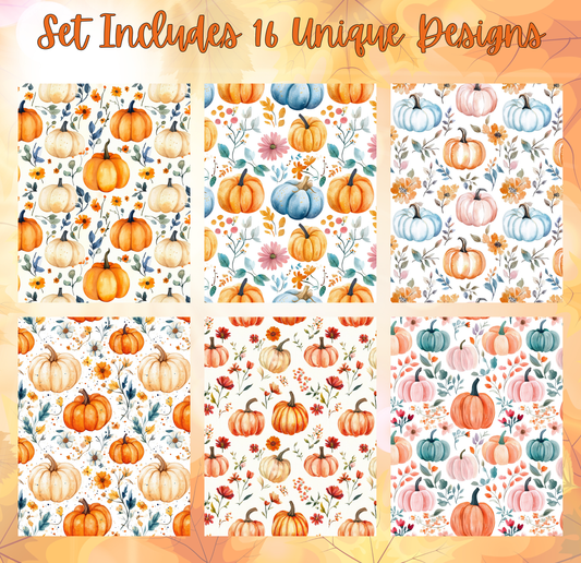 a set of six unique pumpkin designs, each with a different pattern and color scheme. The designs include various arrangements of pumpkins, flowers, and leaves, creating a visually appealing and autumnal theme.