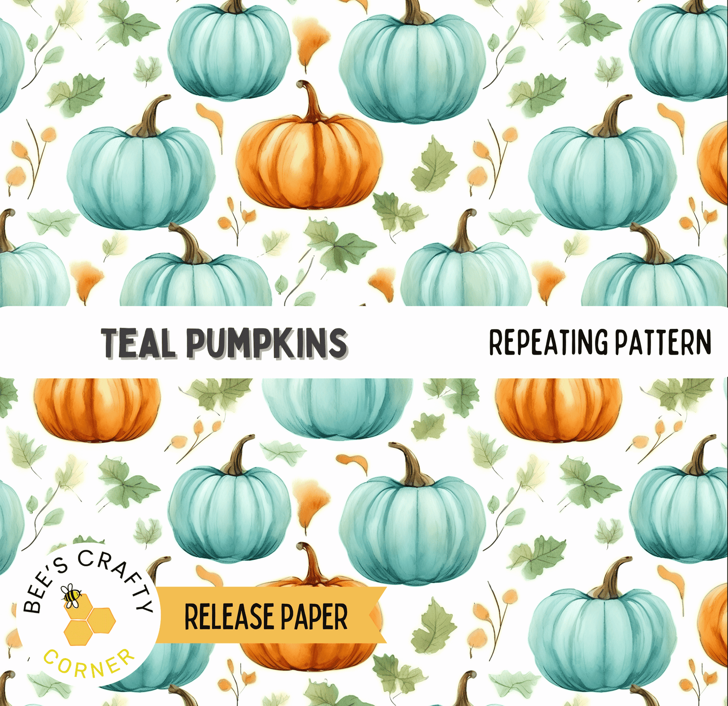 The image is a repeating pattern of turquoise pumpkins and orange pumpkins against a white background.