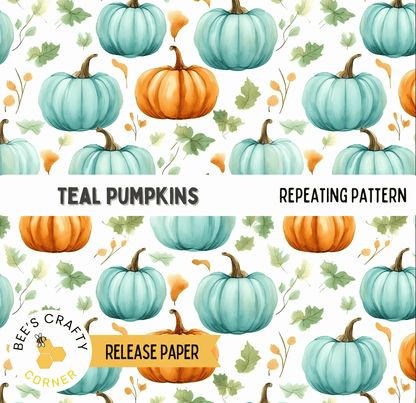 The image is a repeating pattern of turquoise pumpkins and orange pumpkins against a white background.