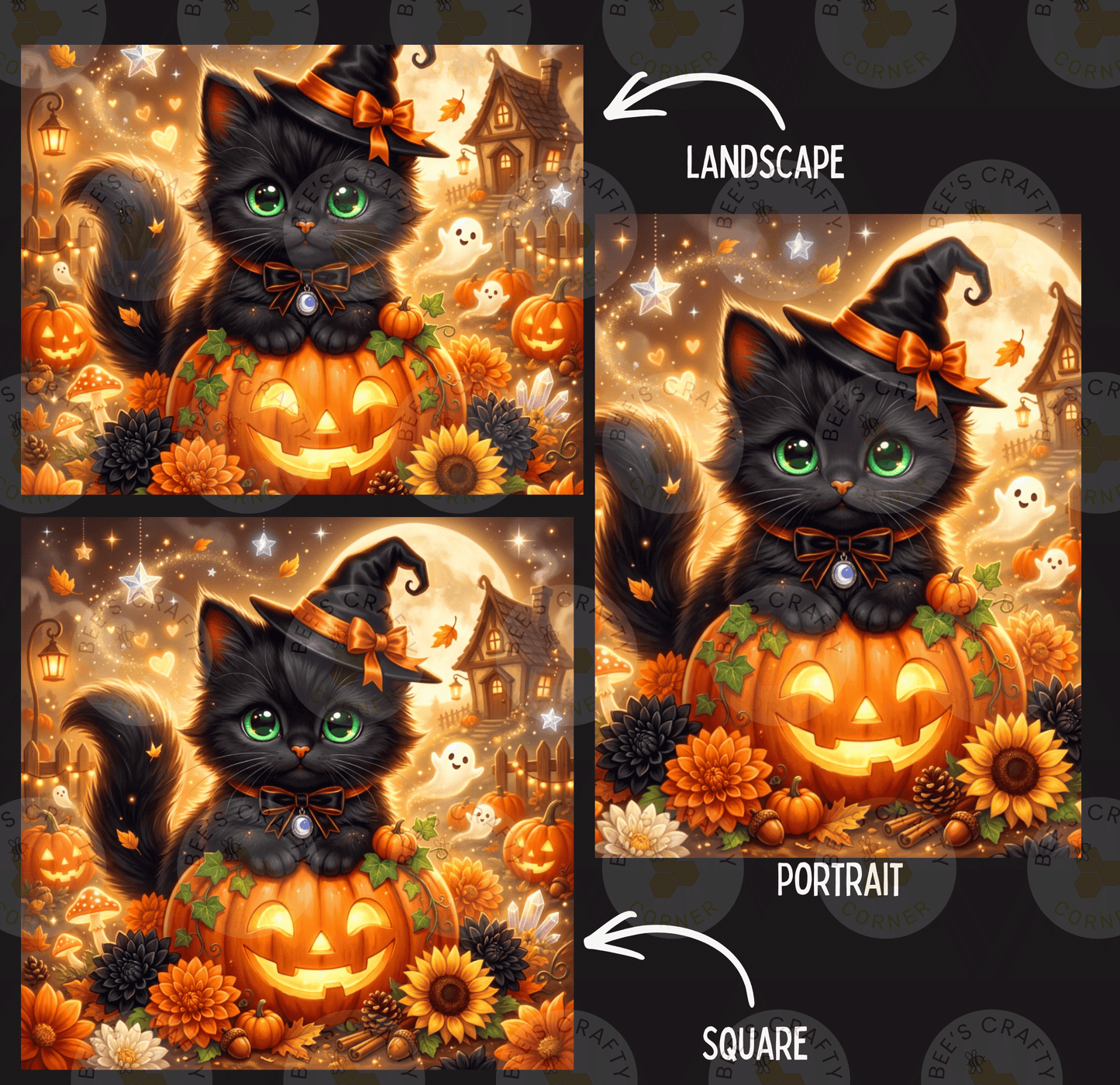 The image is a collage of three pictures depicting a black cat wearing a witch's hat and sitting on a carved pumpkin, surrounded by autumn decorations such as pumpkins, flowers, and a full moon.