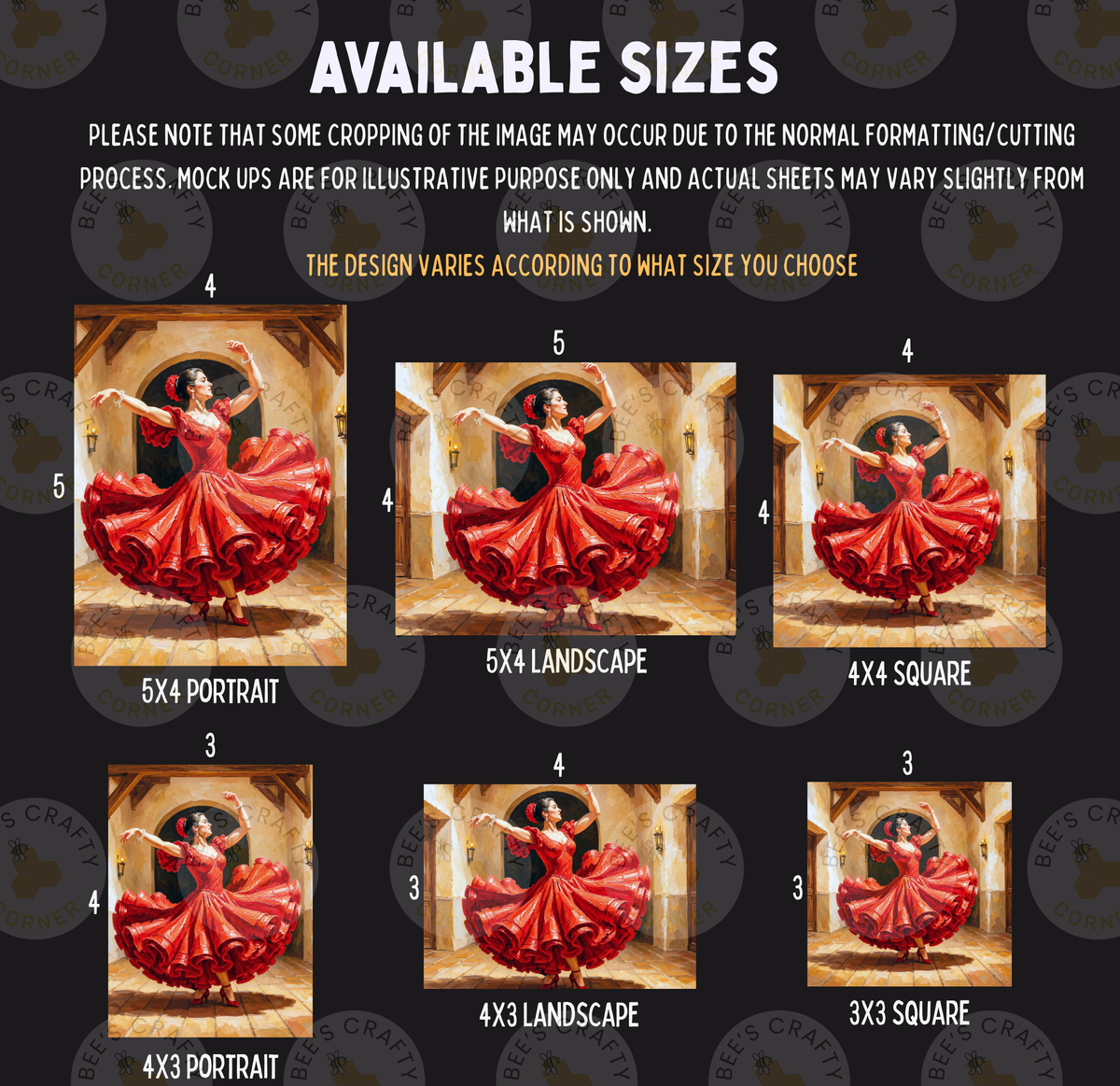 The image is a collage of six images featuring a woman in a red dress performing a dance pose. The images vary in size, with some being larger and others smaller, and are arranged in a grid format. The collage includes a 5x4 portrait, a 5x4 landscape, a 4x4 square, a 3x3 portrait, a 3x3 landscape, and a 3x3 square. The images are described in terms of their size, and the collage is presented in a visually appealing manner.