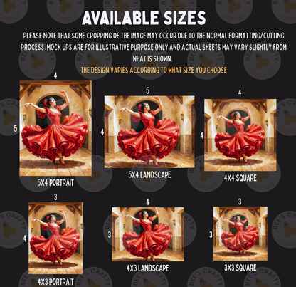 The image is a collage of six images featuring a woman in a red dress performing a dance pose. The images vary in size, with some being larger and others smaller, and are arranged in a grid format. The collage includes a 5x4 portrait, a 5x4 landscape, a 4x4 square, a 3x3 portrait, a 3x3 landscape, and a 3x3 square. The images are described in terms of their size, and the collage is presented in a visually appealing manner.