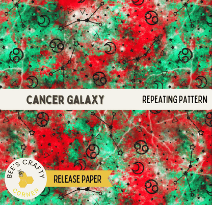 The image is a repeating pattern of cancer-related symbols and celestial elements, including stars, planets, and cancerous shapes, in shades of red, green, and black.