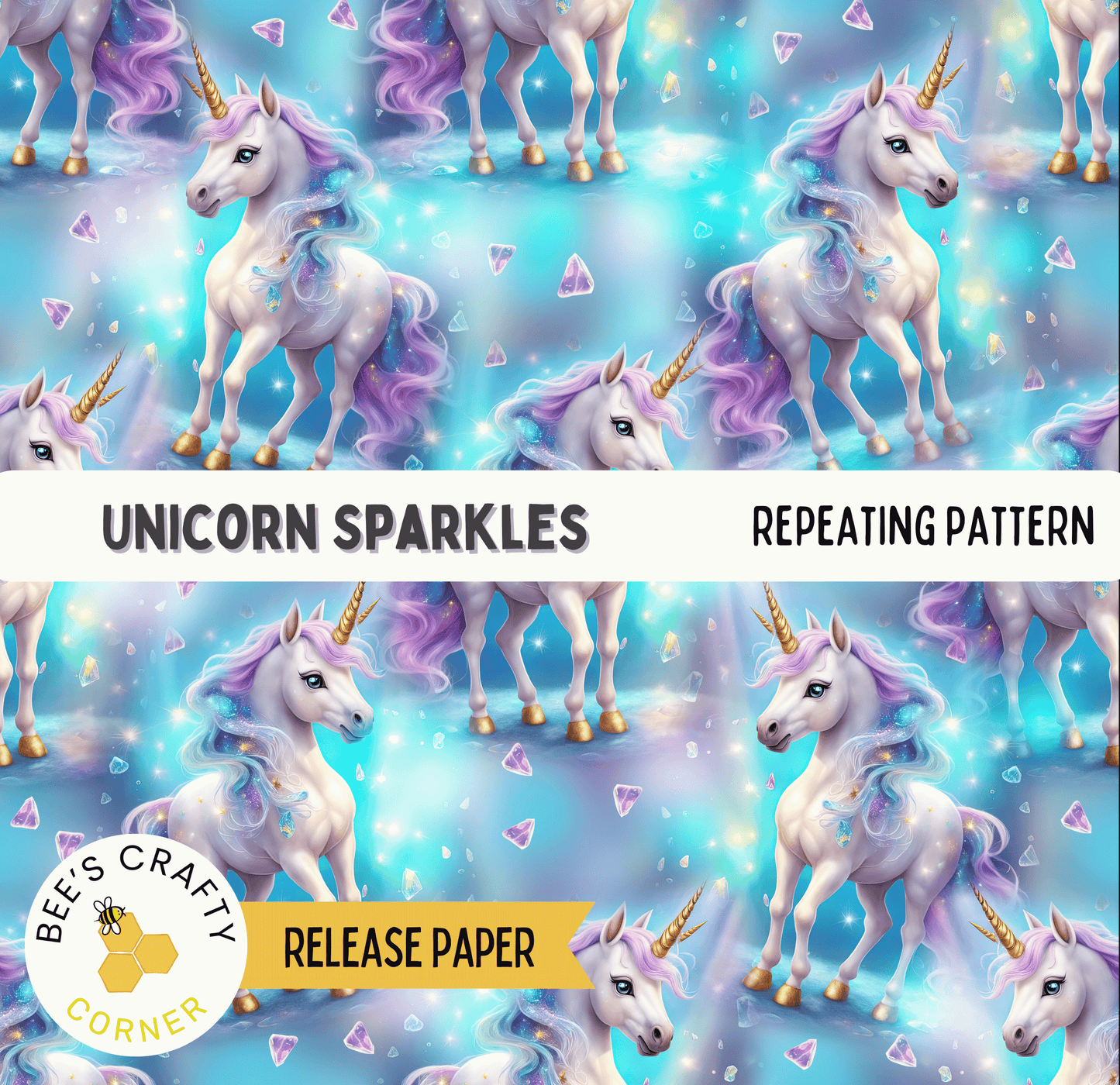 The image is a repeating pattern of unicorn sparkles, featuring various colored and styled unicorn figures against a blue background with scattered sparkles.