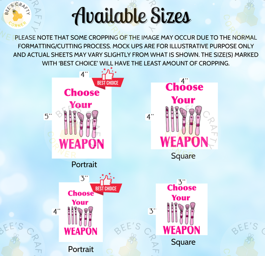 four different sizes of a poster or sign with the same design, featuring a stylized weapon and the text "Choose Your Weapon".