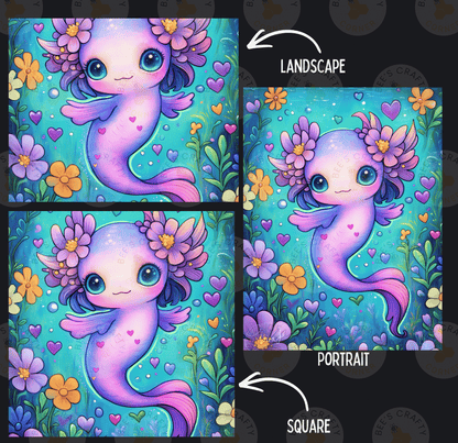 The image is a collage of three pictures depicting a purple mermaid surrounded by flowers and plants. The first image shows the mermaid in a landscape setting, the second image is a portrait of the mermaid, and the third image is a square of the mermaid in a floral background.