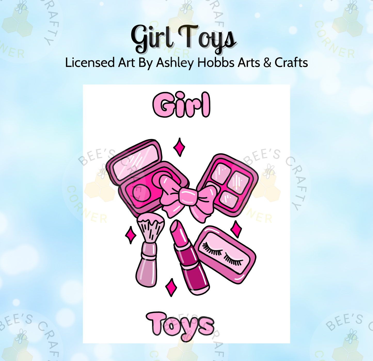 The image is a collage of various makeup and beauty products, including a makeup brush, lipstick, eyeshadow palette, and a compact. The products are arranged in a playful and colorful manner, with the text "Girl Toys" prominently displayed.