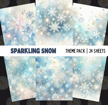 The image is a collage of 24 sheets featuring a snowy, sparkling snow theme. The sheets display various snowflake designs and patterns, creating a wintery and festive atmosphere.