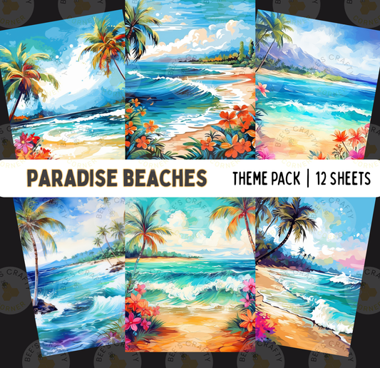 The image is a collage of six tropical beach scenes, each depicting a different aspect of a beach landscape, including palm trees, flowers, and ocean waves.