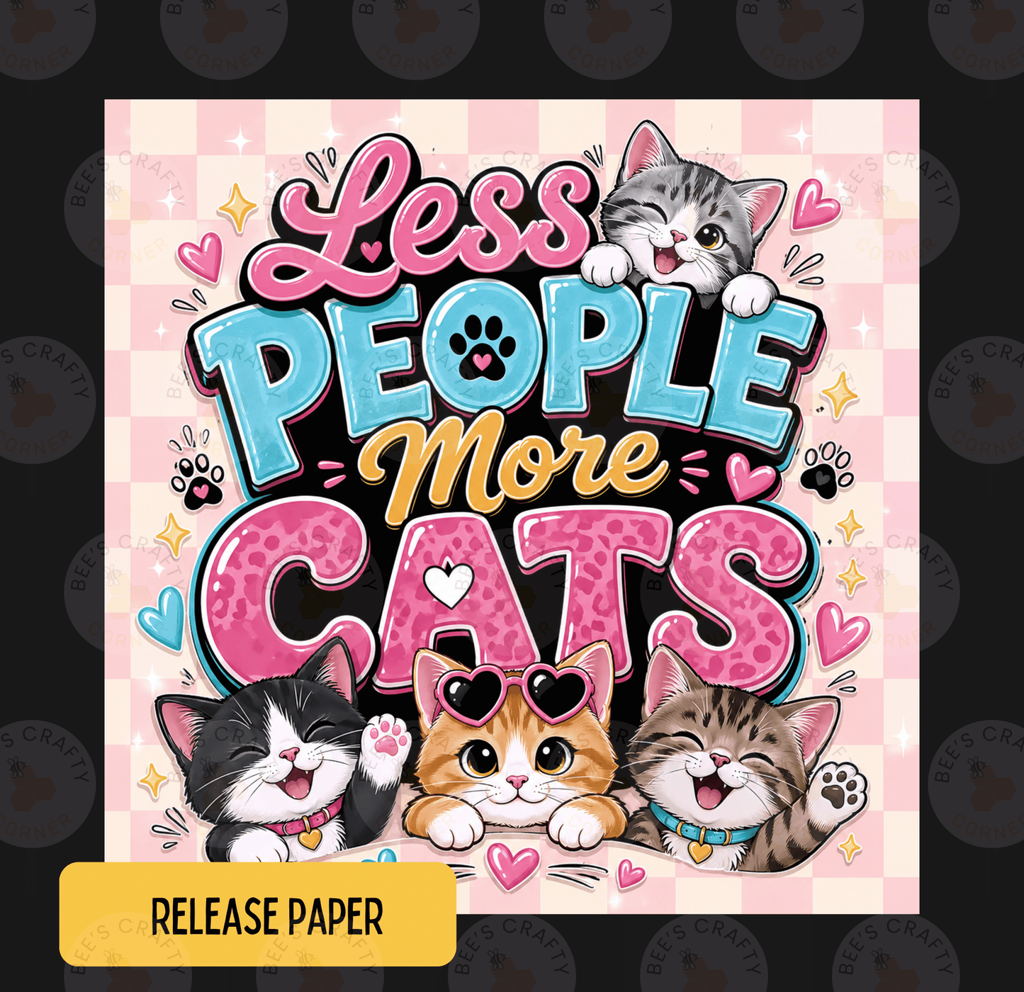 The image is a colorful and whimsical illustration featuring a group of cats with the text "Less People More Cats" prominently displayed.