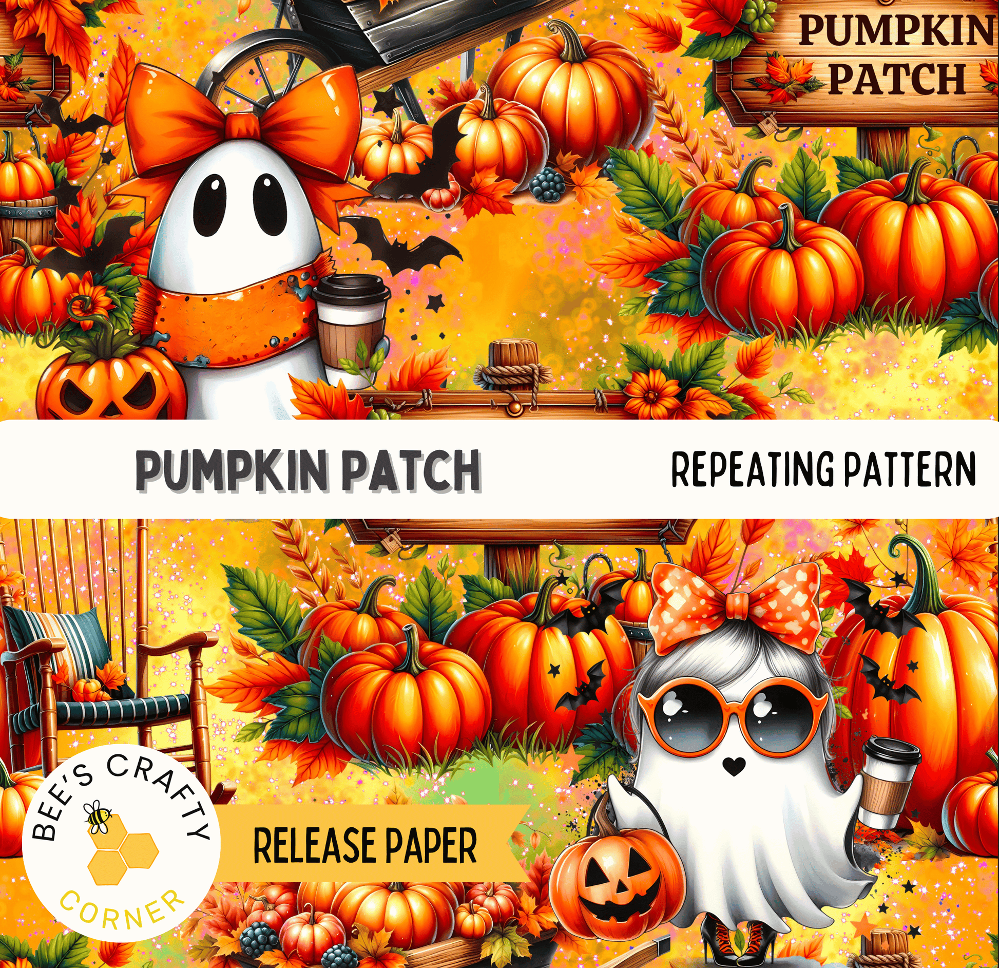 The image is a vibrant and festive Halloween-themed collage featuring a variety of pumpkins, bats, and other seasonal decorations.
