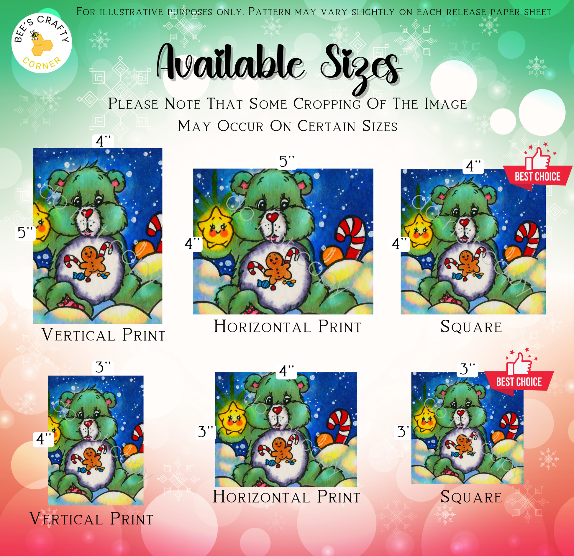 The image is a collage of six different sizes of the same illustration of a green bear holding a gingerbread man. The sizes vary from 4" to 5" and 3" to 4", with the largest size being 5" and the smallest being 3". The collage is presented in a vertical layout, with each size displayed in a separate image.