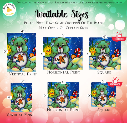 The image is a collage of six different sizes of the same illustration of a green bear holding a gingerbread man. The sizes vary from 4" to 5" and 3" to 4", with the largest size being 5" and the smallest being 3". The collage is presented in a vertical layout, with each size displayed in a separate image.
