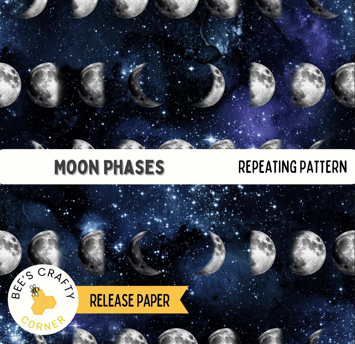 The image is a repeating pattern of moon phases against a starry night sky background.