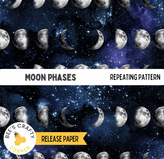 The image is a repeating pattern of moon phases against a starry night sky background.