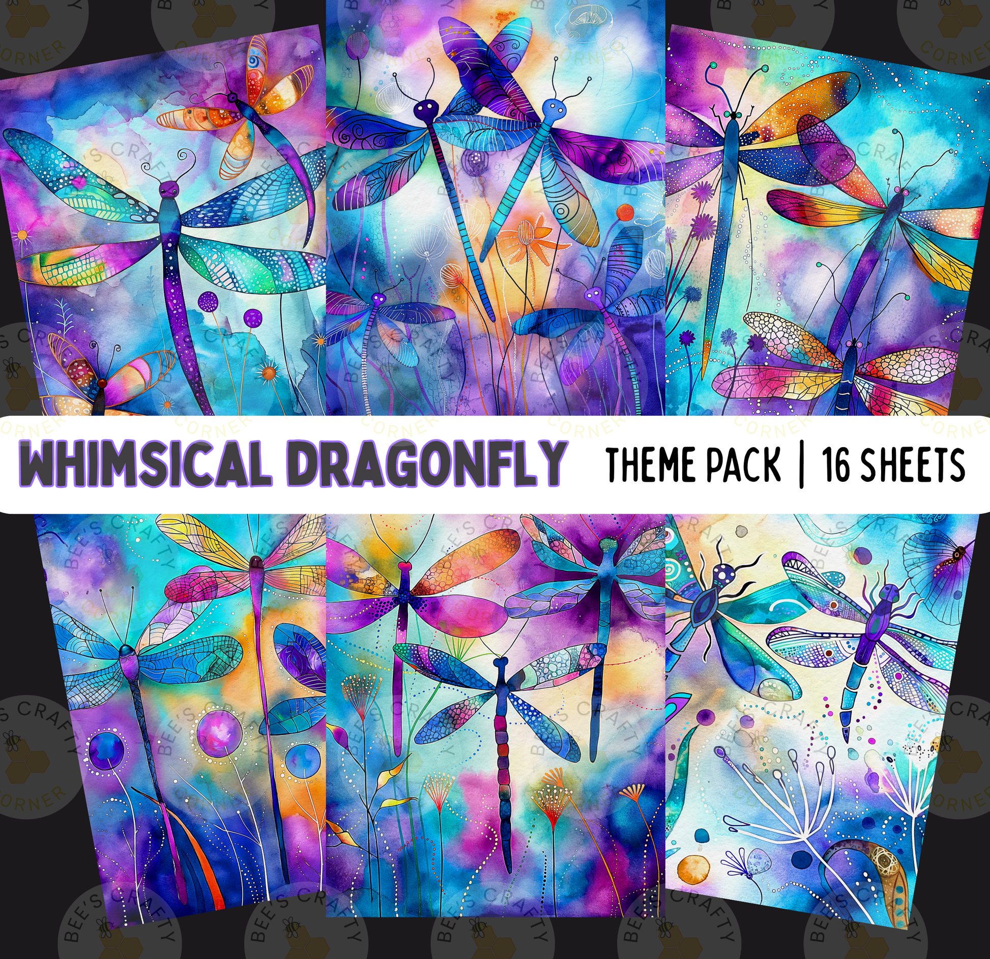 The image is a collage of 16 colorful and whimsical dragonfly illustrations, each with unique patterns and designs. The dragonflies are depicted in various poses and orientations, creating a lively and dynamic visual effect. The collage showcases the diversity and beauty of dragonfly designs, with each image contributing to the overall theme of the theme pack.