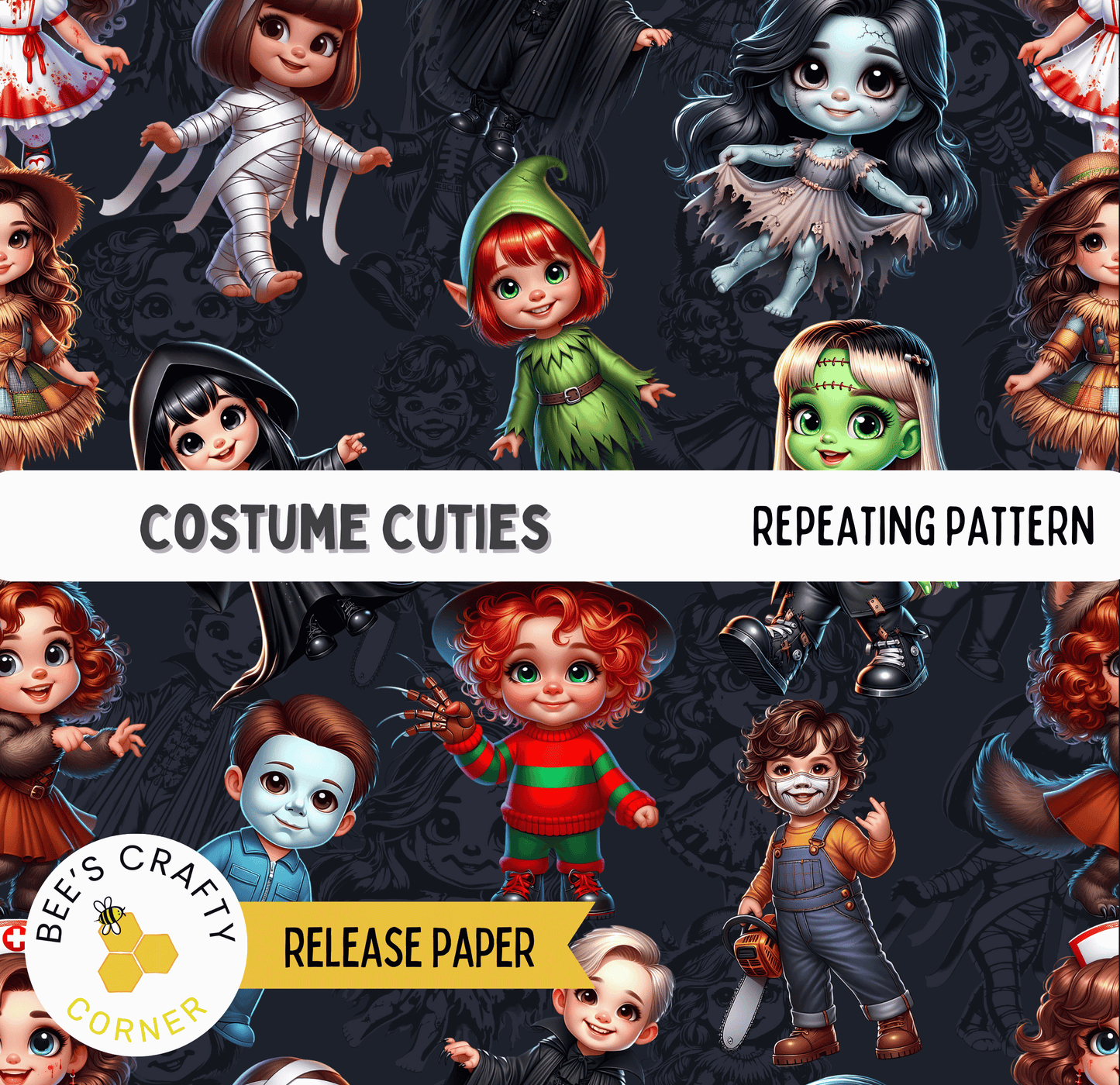 The image is a collection of cartoon-style illustrations of various costumes and characters, including a witch, a skeleton, a green elf, and other Halloween-themed figures. The costumes are diverse and colorful, creating a visually engaging and dynamic collage.