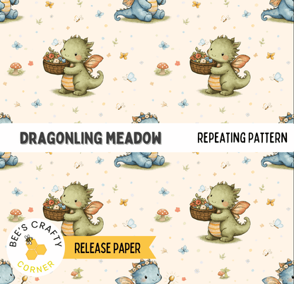 The image is a repeating pattern of cartoon-style dragon characters holding baskets of flowers, with a repeating pattern of the same dragon characters and flowers throughout the image.