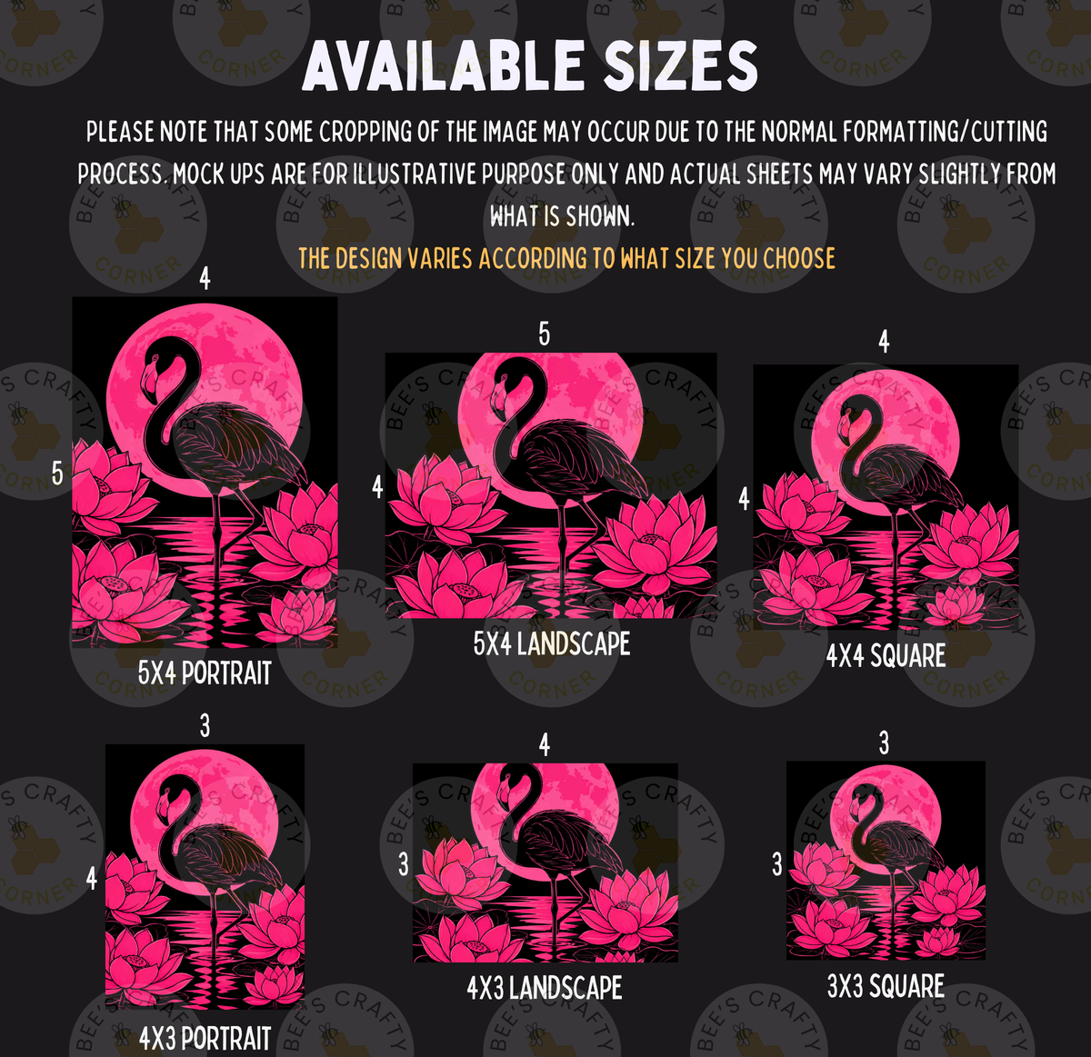 six different sizes of pink flamingos against a pink and black background, with a large pink moon in the background.