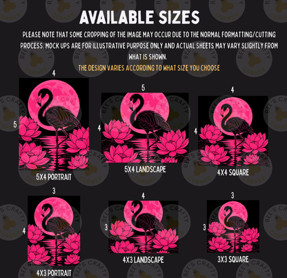 six different sizes of pink flamingos against a pink and black background, with a large pink moon in the background.