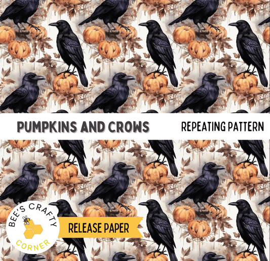 The image is a repeating pattern of black crows perched on orange pumpkins, creating a visually striking and autumnal design.