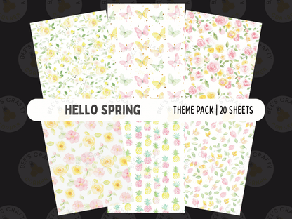 The image is a theme pack containing 20 different floral and tropical pattern designs, including roses, butterflies, pineapples, and other colorful and nature-inspired motifs.