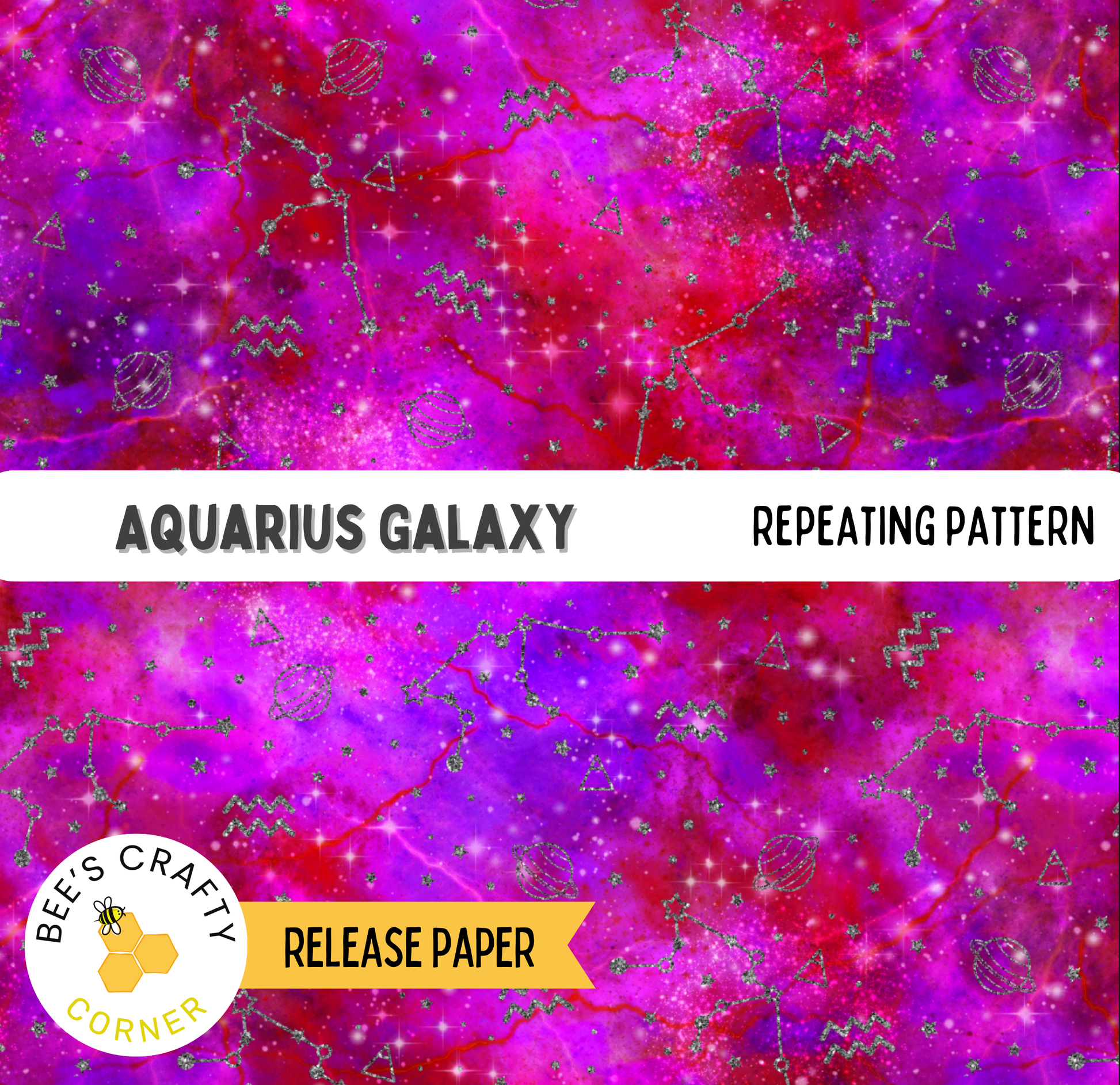 The image is a vibrant and colorful depiction of the Aquarius Galaxy, featuring a repeating pattern of stars and celestial bodies in shades of red, purple, and blue.
