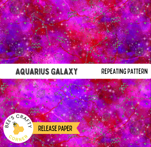 The image is a vibrant and colorful depiction of the Aquarius Galaxy, featuring a repeating pattern of stars and celestial bodies in shades of red, purple, and blue.