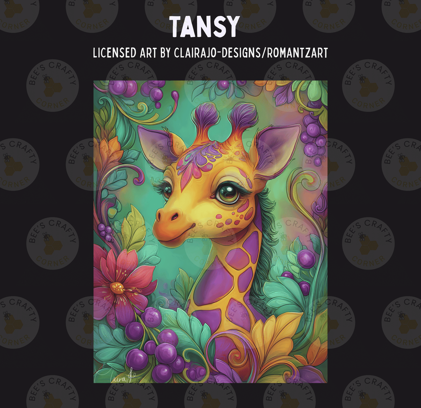 The image is a vibrant and colorful illustration of a giraffe surrounded by an array of flowers, leaves, and berries. The giraffe's head is prominently featured in the center of the image, with its eyes and nose clearly visible. The background is a lush, green landscape filled with various flowers and foliage, creating a sense of depth and complexity. The overall composition is visually striking and captures the beauty of the natural world.