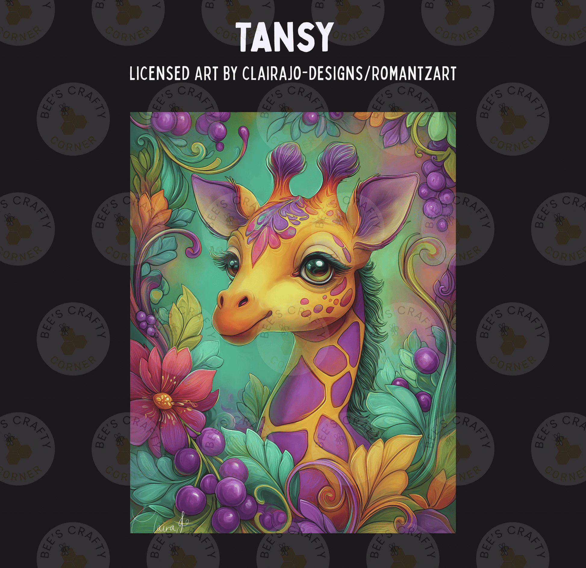 The image is a vibrant and colorful illustration of a giraffe surrounded by an array of flowers, leaves, and berries. The giraffe's head is prominently featured in the center of the image, with its eyes and nose clearly visible. The background is a lush, green landscape filled with various flowers and foliage, creating a sense of depth and complexity. The overall composition is visually striking and captures the beauty of the natural world.