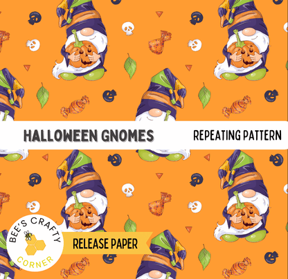 The image is a repeating pattern of Halloween gnomes against an orange background.