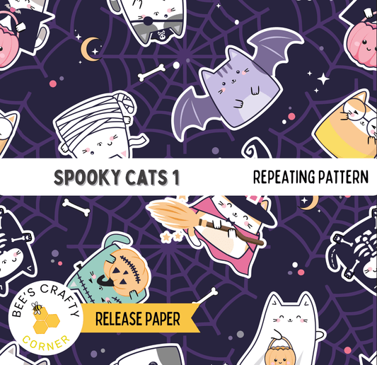 The image is a repeating pattern of various spooky cat illustrations against a dark purple background with a spider web design.