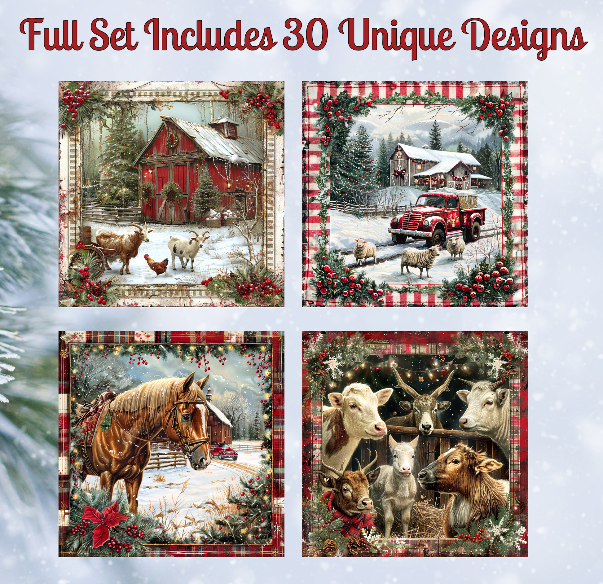 The image is a collage of four pictures depicting various scenes with farm animals, including horses, cows, and sheep, set against a winter landscape with a red barn and a snowy field.