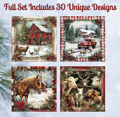 The image is a collage of four pictures depicting various scenes with farm animals, including horses, cows, and sheep, set against a winter landscape with a red barn and a snowy field.